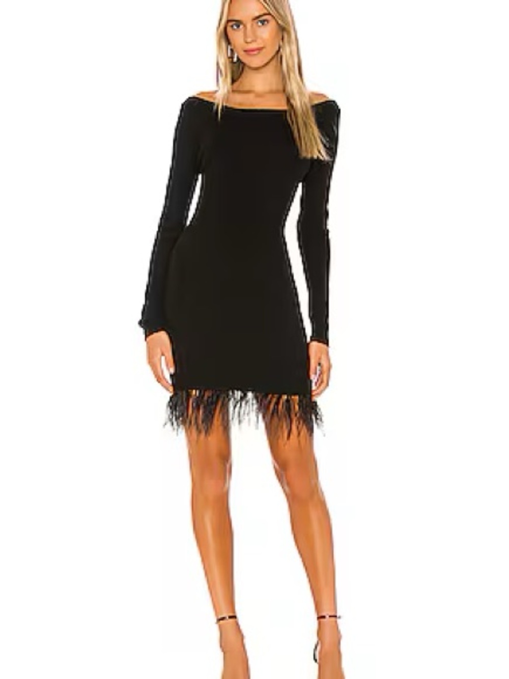 Off-Shoulder Black Feather-Hem Bodycon Dress